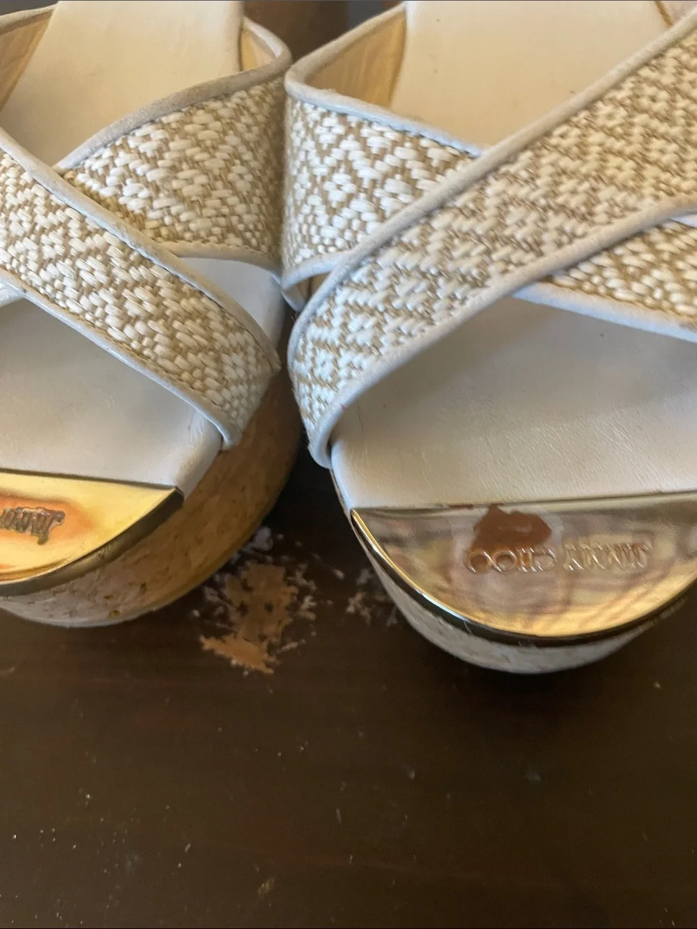 Jimmy Choo Cream Woven Cork Platform Wedge Sandals